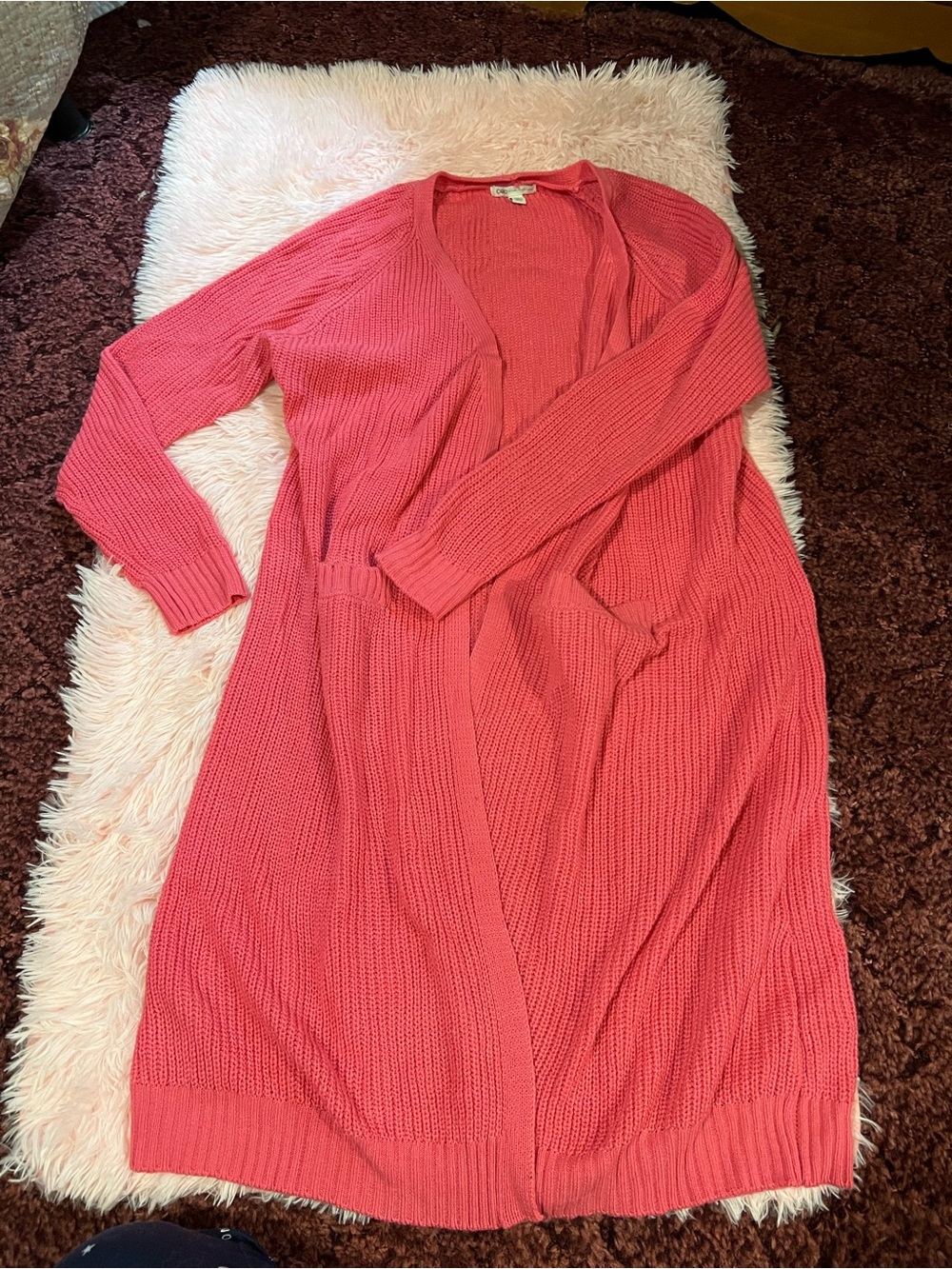Cato Long Open-Front Cardigan Sweater in Coral Pink